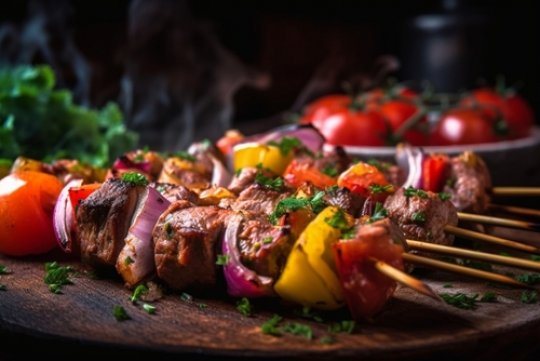 Schaschlikspieße mit grillhähnchen und paprika